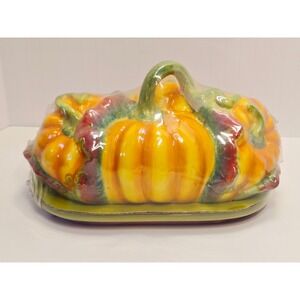Essential Home KMART Pumpkin Butter Dish Ceramic Fall Harvest Orange Green NEW